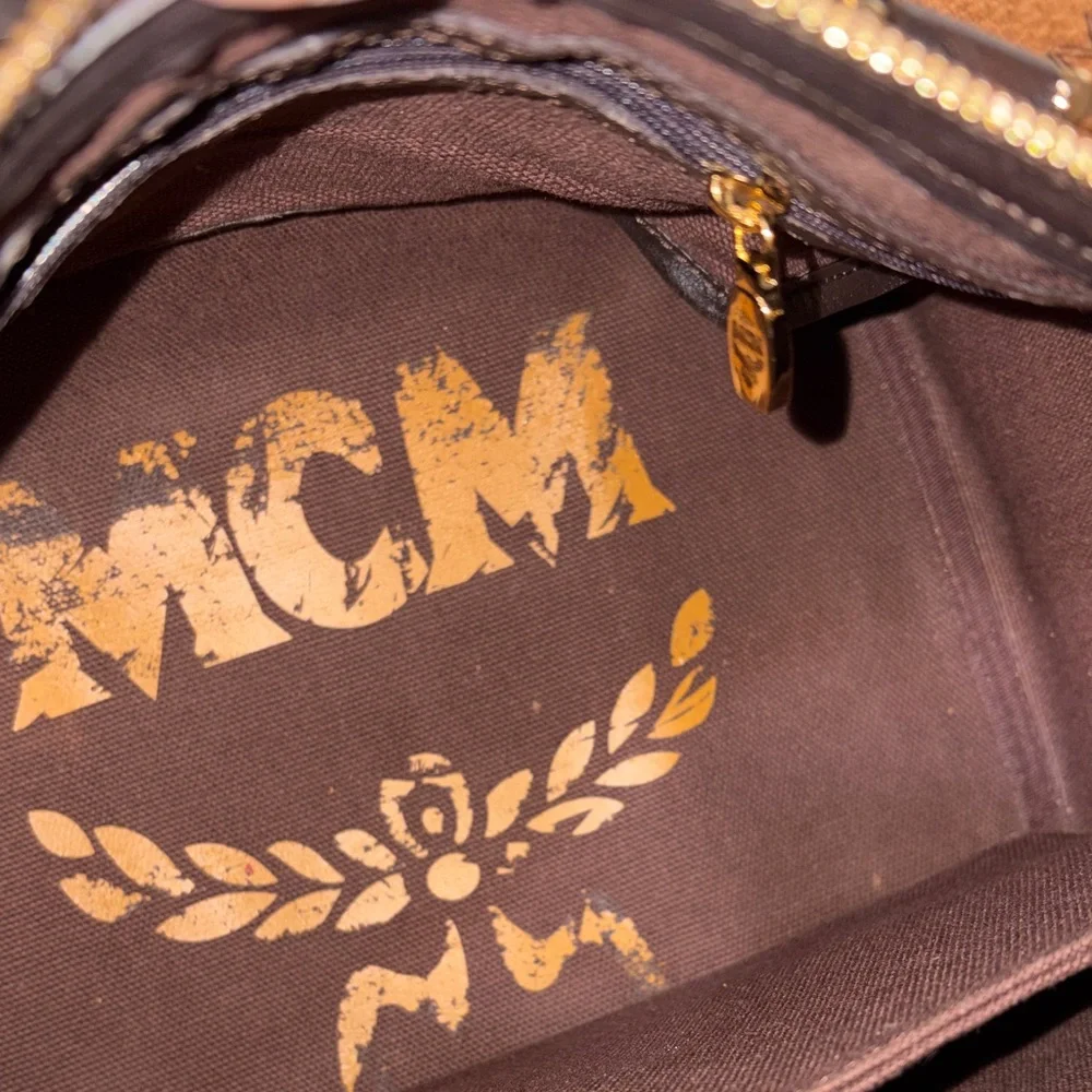 MCM Visetos Brown Boston Bag with Dog Bone Charm
